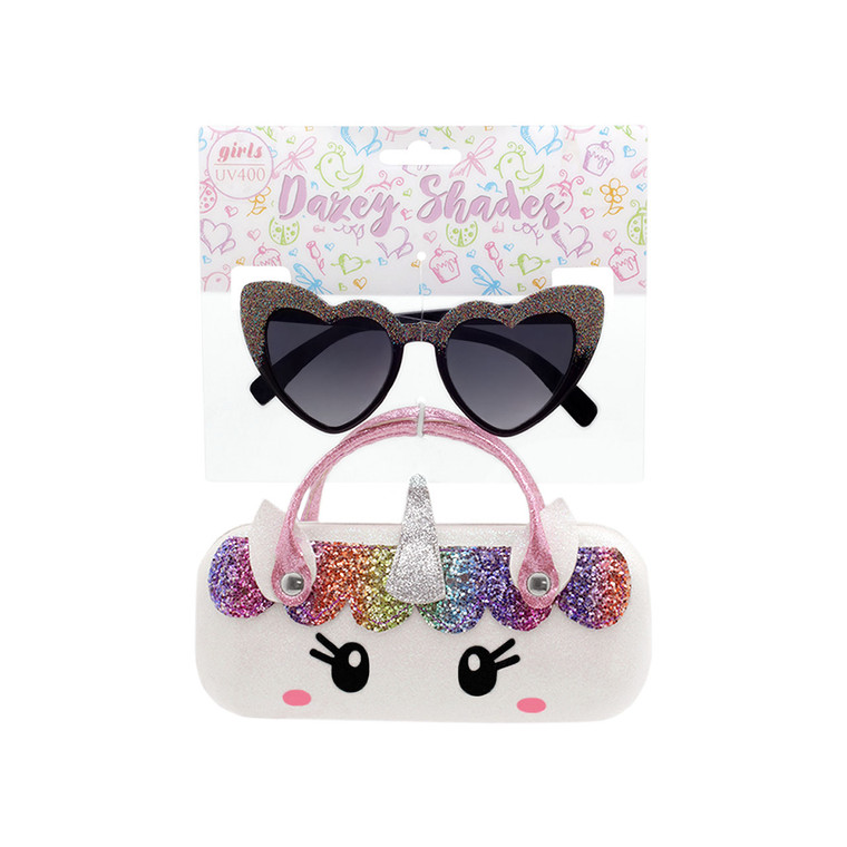 Tween Dazey Shades Glitter Heart Shape Sunglasses + Glitter White Unicorn Case Set
