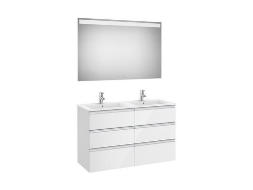Pack THE GAP lavabo doble 1200x460 blanco con UNIK THE GAP de tres cajones y espejo Eidos - Roca