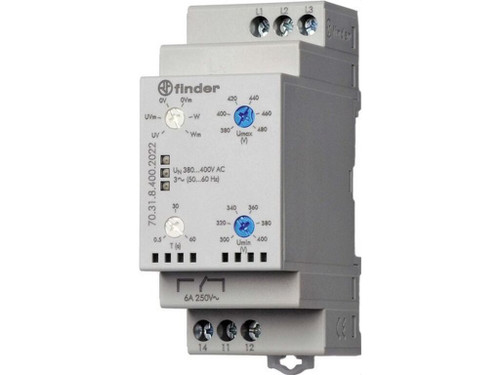 Relé de Vigilancia de Tensión de Red Trifásica Serie 70, 1 Contacto Conmutado, 6A, 380...415V Ac, Memoria de Fallo Selectiva - Finder