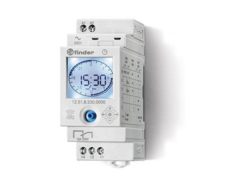 Interruptor horario astronómico SERIE 12, NFC, ancho 35mm, 1 contacto conmutado 16A, 110/230V AC/DC reserva de marcha - Finder