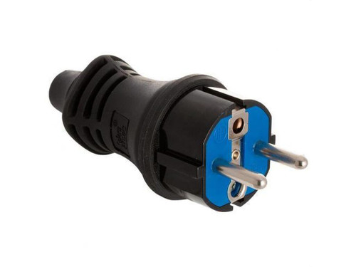 Clavija 2P+T 16A 250V con doble sistema a tierra, sujetacables abatible IP44 material caucho termoplástico para fácil embornamiento - Solera