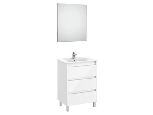 Mueble lavabo 600mm Tenet 3 cajones + espejo y aplique LED blanco brillo - Roca