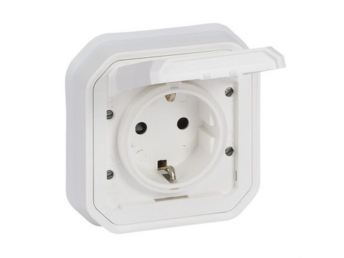Base de corriente empotrar 2P+T  16A Plexo monobloc con tapa - IP55 - tornillos - Blanco - Legrand