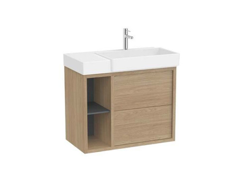 Unik tura 800x430x600 mueble asimetrico dos cajones, estante lateral abierto y lavabo a la derecha olmo claro - Roca