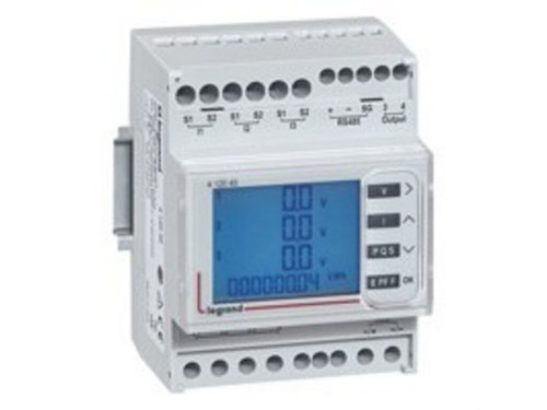 Central de medida multifunción EMDX³ Basic - Montaje sobre perfil, 4 mód - Mide corrientes, tensiones, potencias activa, reactiva y aparente, factor de potencia y energía activa y reactiva - THDV y THDI - Salidas por impulsos y Modbus RS485 - Legrand