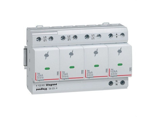 Protección de las instalaciones de muy alto riesgo - Iimp 25 kA/polo - Up 1,5 kV - Uc 350V~ - TT, TNC, TNS - Prot recomendada: DPX³ 160 (80 A) - 3P+N - Itotal (10/350): 100kA - Informe de estado (auxiliar SD): Sí - 8 módulos - Legrand