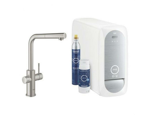 Monomando de fregadero caño L supersteel con función filtro de agua Grohe blue home pull out - Grohe