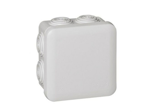Caja de derivación Plexo IP55 IK07, cuadrada. Medidas: 80x80x45mm. Material PVC. 650º Con tapa con cierre a presión. Incluye tapones fijados a presión para cubrir los tornillos.  Gris RAL7035. - Legrand
