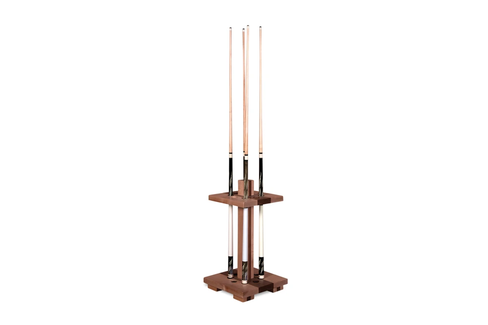 Doc & Holliday Billiard Cue Floor Rack in solid walnut and maple with striped detailing, freestanding pool cue holder.
