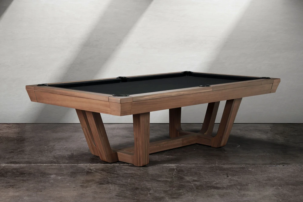 Gracy slate pool table by Doc & Holliday shown in walnut finish, transitional modern design with angular pedestal base