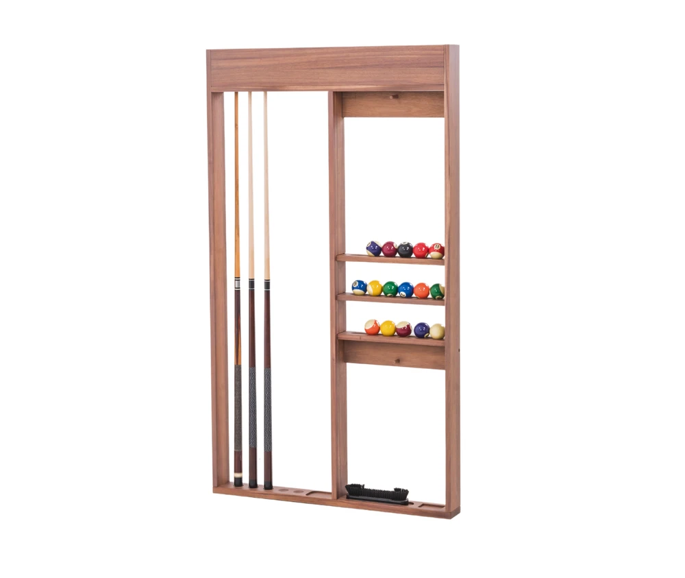 Doc & Holliday Arcadia Cue & Ball Wall Rack in Grey Walnut finish, hero image on white background with cue sticks.