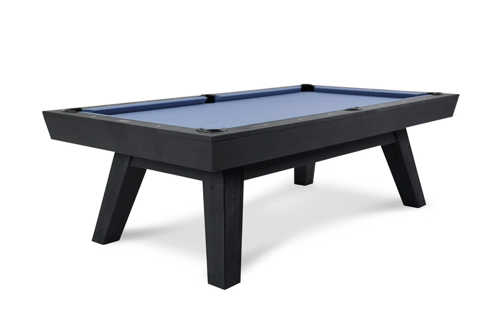The George Slate Pool Table by Doc & Holliday pairs Black Ash wood, flared legs, slate play, leather pockets, and optional dining top for a sharp modern game room.