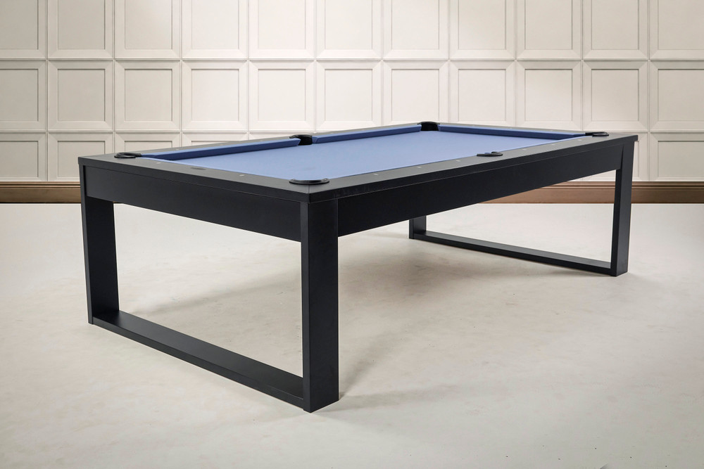 3/4 environmental view of the Doc & Holliday Redford Slate Pool Table in Matte Black with Academy Blue felt, clean lines, and a custom USA build.
