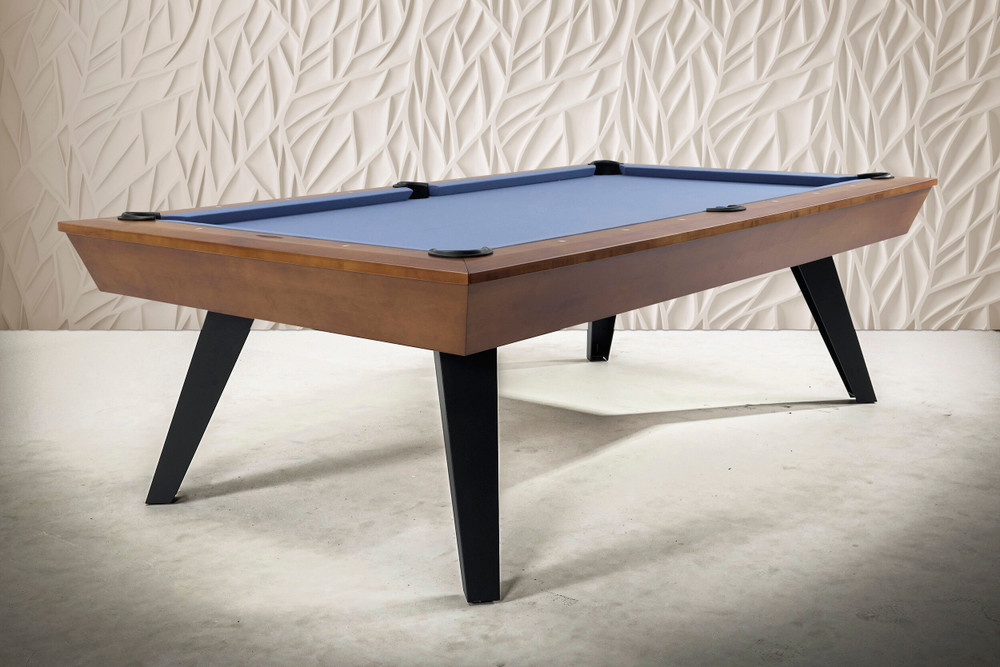 Angled full view of the USA-made Bellano Slate Pool Table by Doc & Holliday in Matte Brandywine on maple, shown with Championship Academy Blue felt, black steel legs, leather drop pockets, and a clean modern profile.