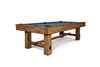 Hero ¾ view of the Doc & Holliday Churchill Rustic Pool & Billiard Table in Distressed Burl Pine with the 3-piece leaf dining top fully installed, shown as the dining configuration feature photo. Rustic distressed pine frame and USA-built craftsmanship highlight its dual dining and gaming versatility.