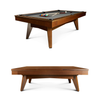 This product image presents the Scholar Slate Pool Table in a clean white studio setting, clearly showing both configurations: the open slate playfield and the table with its three-piece dining top installed. The table is shown in its featured Pecan finish with custom felt and genuine leather drop pockets visible. The dining top is elegantly placed on or beside the table, showcasing how easily the Scholar transforms from a premium billiards table to a sophisticated dining or entertaining surface. This all-in-one image allows buyers to see the versatility, quality, and beauty of the American-crafted Scholar Slate Pool Table.