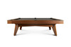 The Scholar Slate Pool Table by Doc & Holliday is shown in a front-facing view in its featured Pecan finish. Crafted in the USA, this custom-built, mid-century modern table showcases clean architectural lines, a sculptural hardwood frame, and genuine leather drop pockets. The warm Pecan tone highlights the natural wood grain, adding richness and elegance to this heirloom-quality piece — designed to anchor luxury residential game rooms or interior-designed spaces.