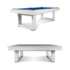 Doc & Holliday Santorini Slate Pool Table in White Maple, hero composite image on a white background. Top section shows the USA-made luxury billiards table uncovered for play; bottom section shows the convertible dining top in place. Fully custom, handcrafted pool dining table by Doc & Holliday Billiards.