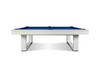Side profile view of the Doc & Holliday Santorini Slate Pool Table in White Maple, dining top removed. Hand-built in the USA from solid hardwood with custom finishes, pearl inlays, and leather drop pockets. Luxury convertible dining pool table by Doc & Holliday Billiards.
