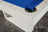 Close-up of the Doc & Holliday Santorini Slate Pool Table corner pocket, featuring genuine leather drop pocket, White Maple hardwood rails, smooth edges, and refined billiard aprons. Handcrafted in the USA, fully custom luxury pool table by Doc & Holliday Billiards.