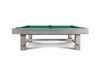 Side studio view of the Churchill Pool Table in Smoked Maple distressed finish with Championship felt, highlighting rustic maple construction and nickel sights.