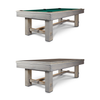 Hero studio image of the Doc & Holliday Churchill Pool Table in Smoked Maple distressed finish showing two versions stacked: the pool table with felt exposed on top and the same table with 3-piece dining top fully installed below.