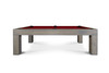 Side profile of The Natural pool table by Doc & Holliday, Grey Wash finish with red Championship felt and solid maple Parsons-style frame.