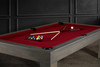 A detailed overhead three-quarter angle of The Natural pool table in Grey Wash, highlighting the Championship felt, Grey Ash pine rails, and precision-crafted mother-of-pearl billiard sights. Ideal for showcasing American-made craftsmanship and premium game room design.