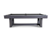 Alt Text: Side profile of the Doc & Holliday Everly Pool Table in matte charcoal finish, photographed in a professional white studio setting. Emphasizes the sculptural leg design, oak apron detail, and smooth edge transitions