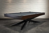 The Jett Slate Billiard Table by Doc & Holliday — USA-made modern pool table photographed in studio 3/4 view, featuring bold powder-coated steel legs and a solid hardwood top. This handcrafted billiard table combines precision engineering with contemporary design, built to order in an 8–10 week process.