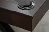 Jett Slate Billiard Table by Doc & Holliday — close-up of corner detail with genuine leather drop pocket, steel base, and custom felt color