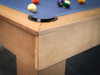 Close-up of leather pocket and glazed maple apron on Paula Parsons pool table by Doc & Holliday with modern rail detail