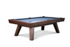 The Doc & Holliday George Slate Pool Table in Antique Coffee shown in a 3/4 studio angle on white. The tapered rails, aprons, and outward-flared mid-century legs highlight the clean, confident silhouette, while the Antique Coffee finish adds depth and richness to this slate billiard table.