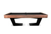 Side profile studio image of the Doc & Holliday TRON Slate Pool Table featuring a handcrafted solid walnut wood rail and matte black industrial steel base | Precision three-piece slate construction with black felt surface | American-made contemporary luxury pool table by Doc & Holliday Billiards