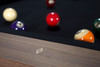Detailed shot of billiard sights and polished grey walnut finish highlighting craftsmanship on the Gracy billiard table