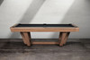 Side profile of the Gracy slate billiard table highlighting the hardwood frame, walnut finish, and wide pedestal legs
