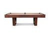 Side profile of Zoey slate pool table showing tapered U-leg design, warm wood grain, and smooth maple apron.