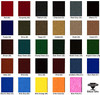 Championship Billiard Felt Card showing multiple 1x1 inch fabric swatches in a range of pool table felt colors, including green, red, blue, charcoal, and more, arranged neatly on a sample card.