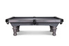 Side profile view of the Doc & Holliday Classic slate pool table in gray washed pine, set against a white background. The shot emphasizes the full table length, fluted leg detailing, smooth hardwood rails, and the balance of handcrafted USA-made design with a precision slate surface.