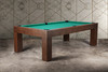 Three-quarter hero view of the Doc & Holliday Paula Parsons Slate Pool Table in Antique Coffee, showing slate playfield, leather pockets, and Parsons design in a modern interior.