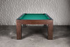 Wide angle of the Paula Parsons Slate Pool Table in natural walnut with Championship green felt, highlighting refined Parsons-style legs and modern luxury design by Doc & Holliday.