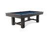 Three-quarter angle showing the Hank Pool Table’s Gray Marble oak frame, stout block legs, and the signature under-bridge stretcher that anchors the table’s ranch-inspired silhouette.
