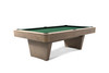 Three-quarter angled studio view of the Preakness pool table by Doc & Holliday, photographed against a white background to highlight form and material. The transition between the rounded rail corners, broad aprons, and tapered legs showcases the table’s mid-century modern influence paired with solid slate construction and Championship green felt.