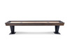 Savant shuffleboard table by Doc & Holliday in Brown Sugar finish, shown in a clean side profile on a white background, featuring an industrial modern cabinet, steel V legs, and a full-length maple shuffleboard playfield.