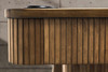 Close-up corner view of The Slater luxury slate billiard and pool table by Doc & Holliday, highlighting the reeded wood detailing, precision-cut slate edge, and hand-finished stain that reveals the natural character of the solid maple construction.