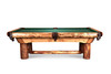 Side angle of the Woodslee pool table showing natural pine log construction and rustic craftsmanship.
