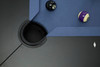 Overhead corner pocket view of the Doc & Holliday Redford Slate Pool Table with Academy Blue felt, leather pocket, diamond sights, and billiard ball set.
