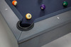 Close-up of the leather pocket on the Peter Parsons Custom Slate Pool Table in Matte Smoke with Academy Blue felt and clean rail detail.