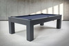 Photo shoot view of the Peter Parsons Custom Slate Pool Table in Matte Smoke with Academy Blue felt, leather pockets, and a clean architectural frame.