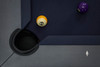 Overhead corner pocket view of the Peter Parsons Custom Pool Table with Academy Blue felt, leather pocket, pearl diamond sight, and Matte Smoke rail detail.
